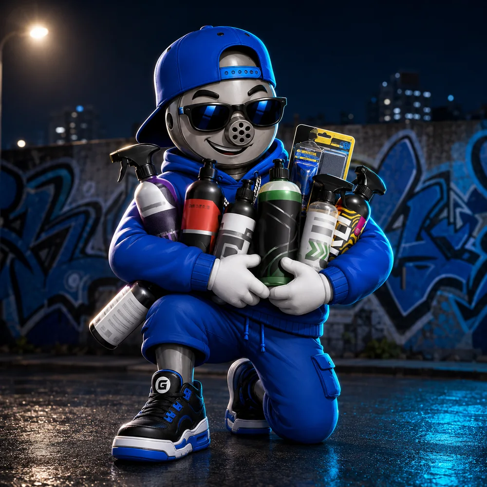 O mascote da Global agachado, abraçando os oito produtos do Kit do Renan
