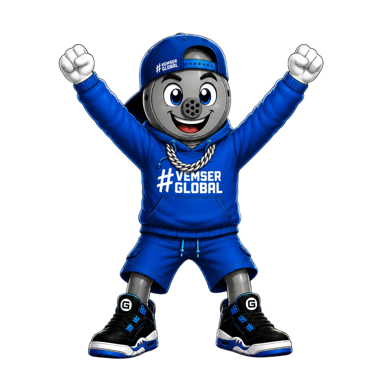 Mascote da Global comemorando