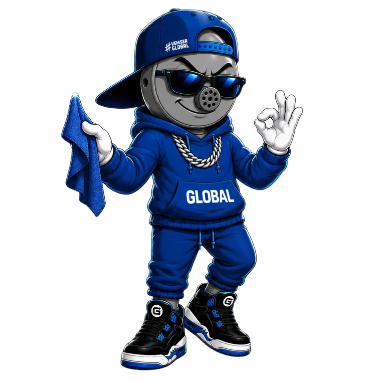 Mascote da Global de óculos escuros com flanela na mão, no capricho da estética