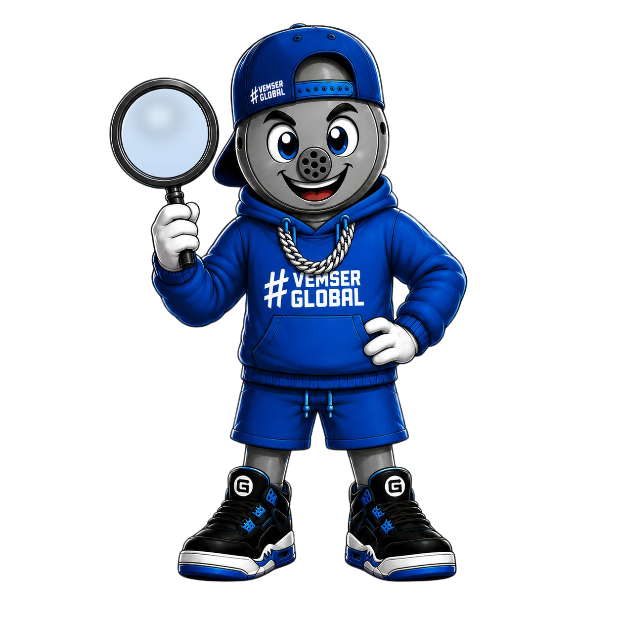 Mascote da Global conferindo um produto com uma lupa