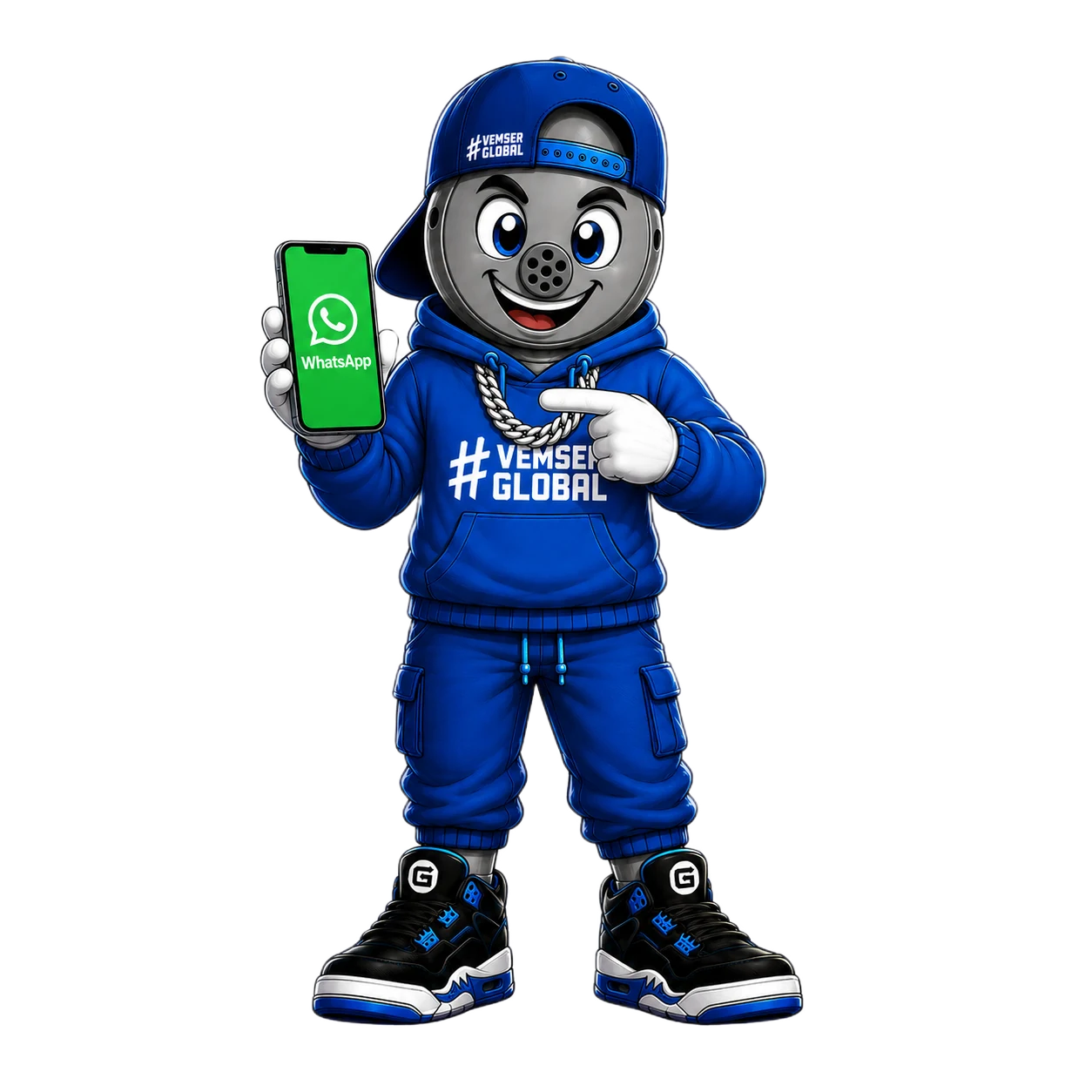 Mascote da Global apontando para o celular com o WhatsApp aberto